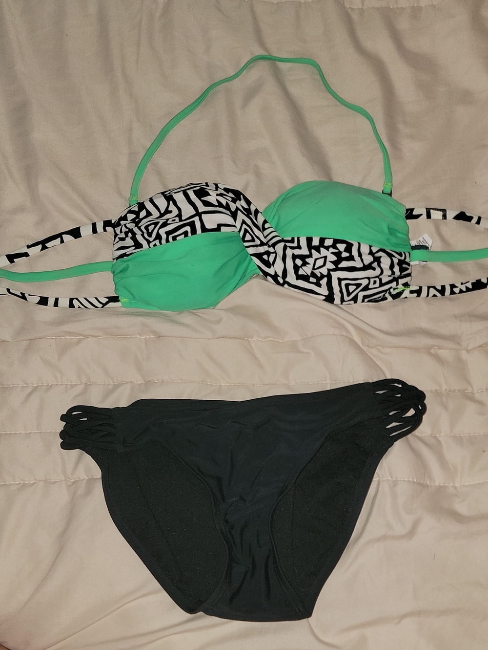 Mint Green & Black Patterned Two-Piece Bikini Set